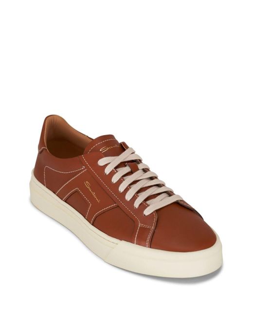 Santoni Brown Double Buckle Leather Sneakers for men