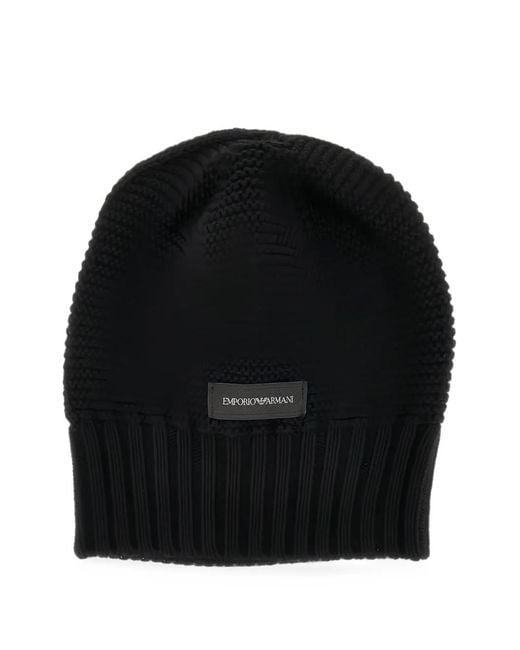 Emporio Armani Black Logo-Patch Chunky-Knit Beanie Hat