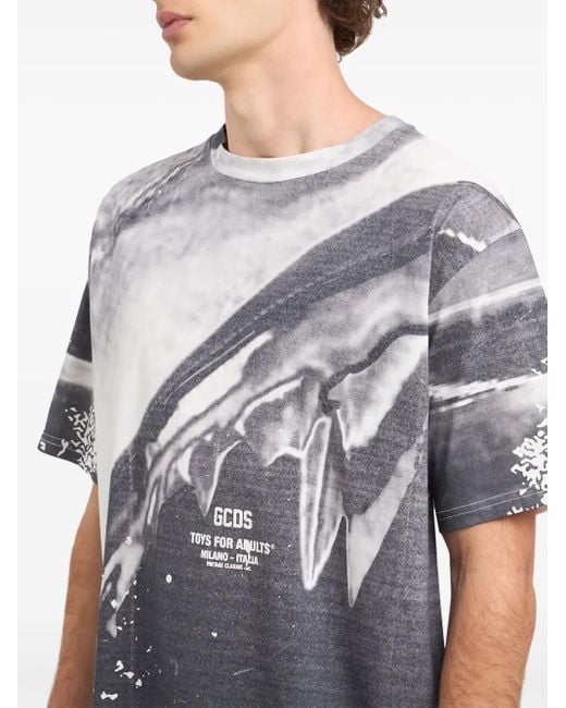 Gcds Gray Graphic Oversized Cotton T-Shirt for men