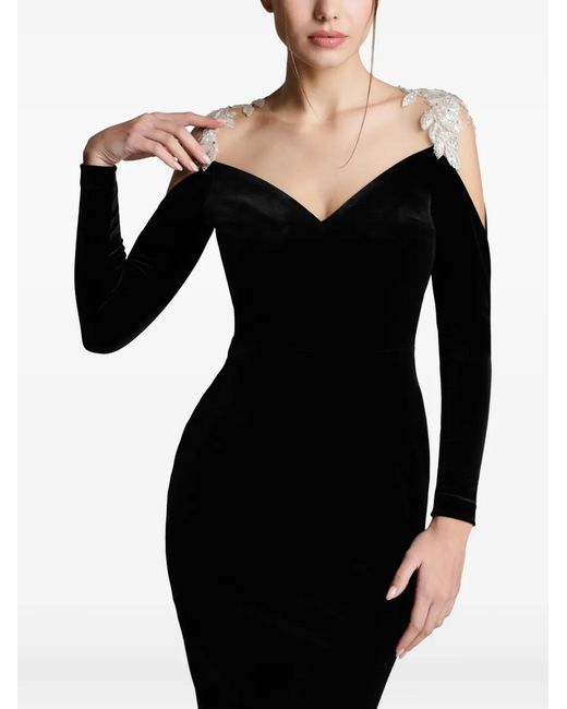 IMROSKA Black 26 Leaves Velvet V-Neck Midi Dress