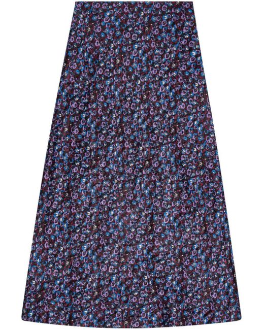 Ganni Blue Floral-print Satin Midi Skirt
