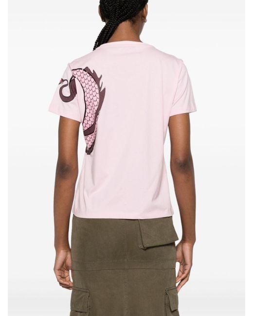 Pinko Pink Quentin Cotton T-Shirt With Dragon Print