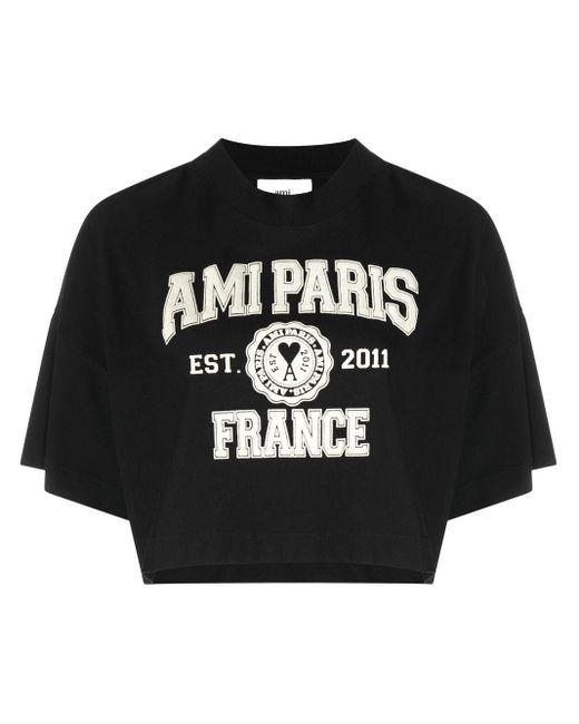 Camiseta corta con logo estampado AMI de color Black