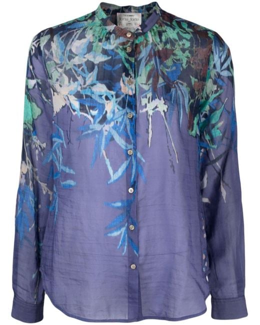 Forte Forte Floral-print Collarless Shirt in het Blue