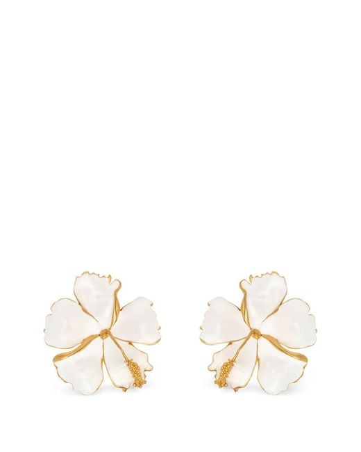 Oscar de la Renta Natural Enamel Hibiscus Clip-On Earrings