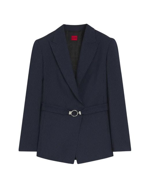HUGO Blue Pinstripe-Print Belted Blazer