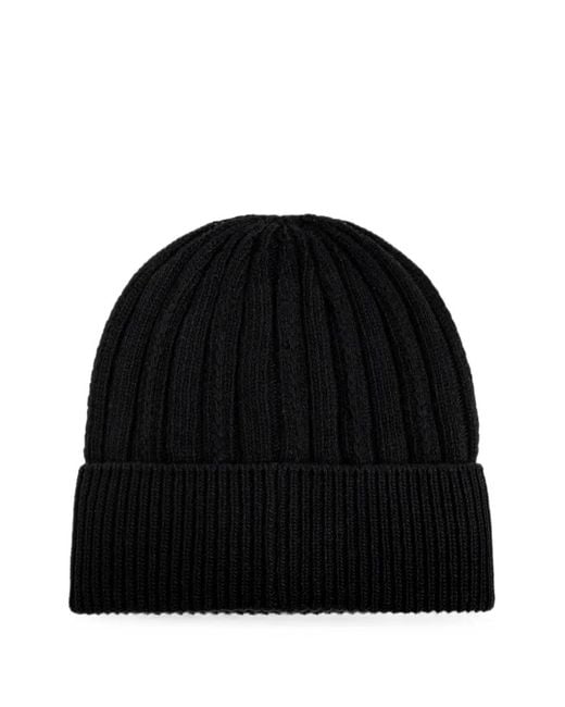 Moncler Black Logo-Patch Ribbed-Knit Beanie Hat