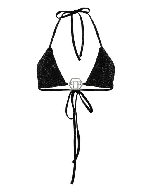 Philipp Plein Black Embellished-Logo Bikini Top