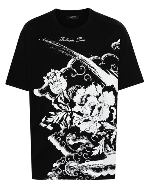 Balmain T-Shirt mit Flower-Print in Black für Herren