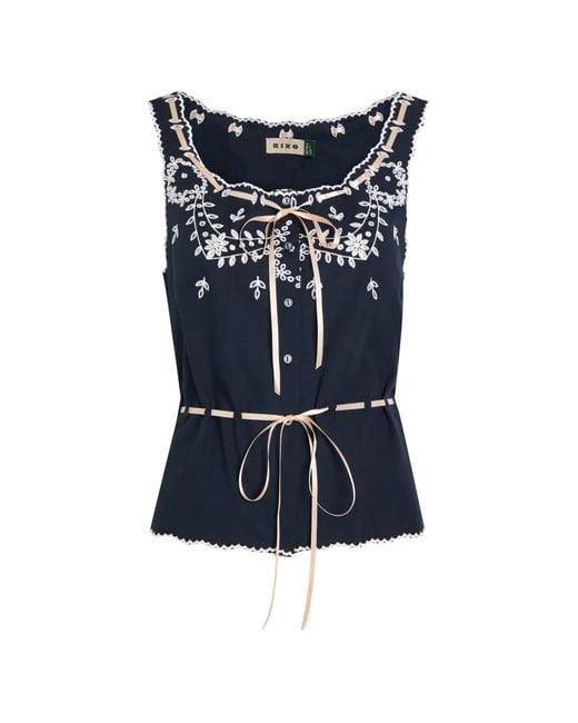 Rixo Blue Cassandra Embroidered Ribbon-Tie Blouse