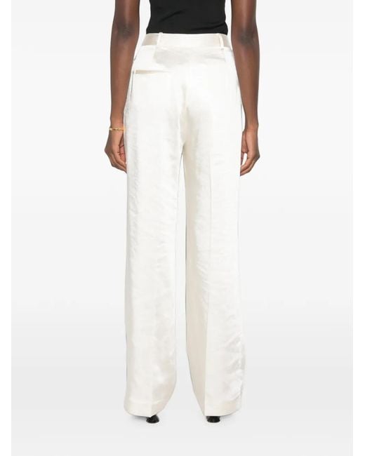 Self-Portrait White Pleated Satin-Finish Tailored Trousers