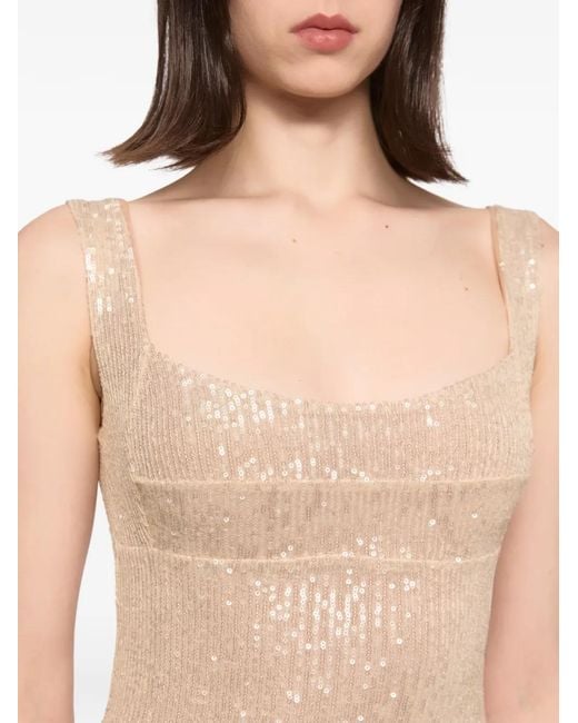 Atu Body Couture Natural Sequined Feather-Trimmed Maxi Dress
