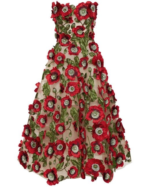 Oscar de la Renta Red Midikleid Mit Mohnstickerei