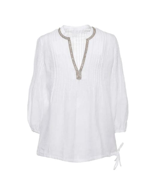 120% Lino White Crystal-Embellished Pleated Shirt