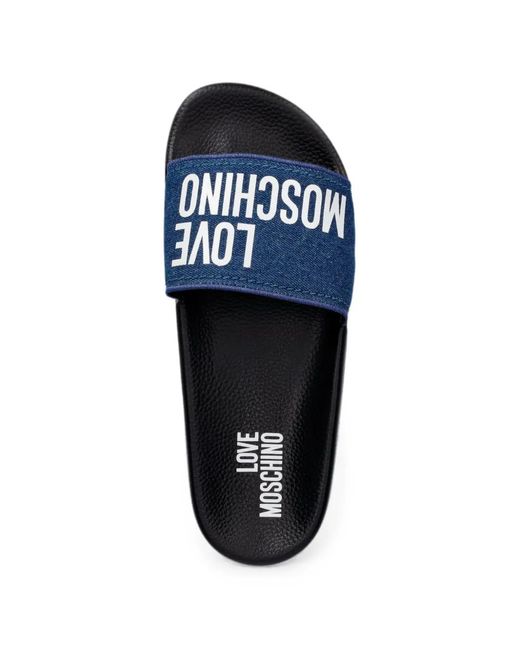 Love Moschino Blue Logo-Print Denim Slides