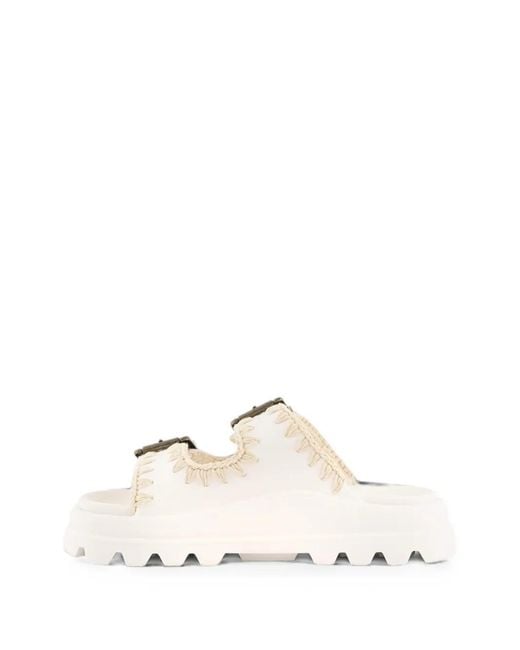 Mou White Eva Crochet-Trim Buckle Slides