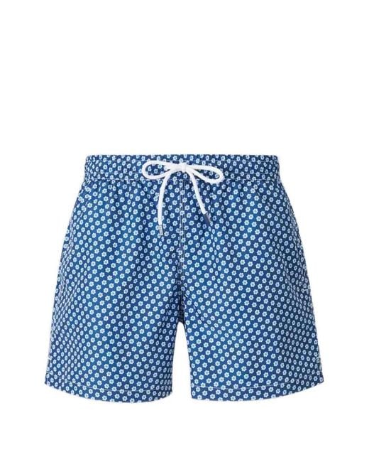 Fedeli Blue Floral-Motif Drawstring Swim Shorts for men