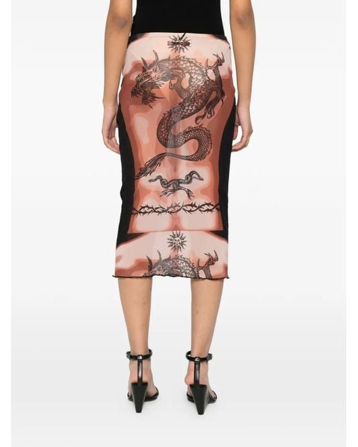 Jean Paul Gaultier Pink Tattoo-Print Fitted Midi Skirt