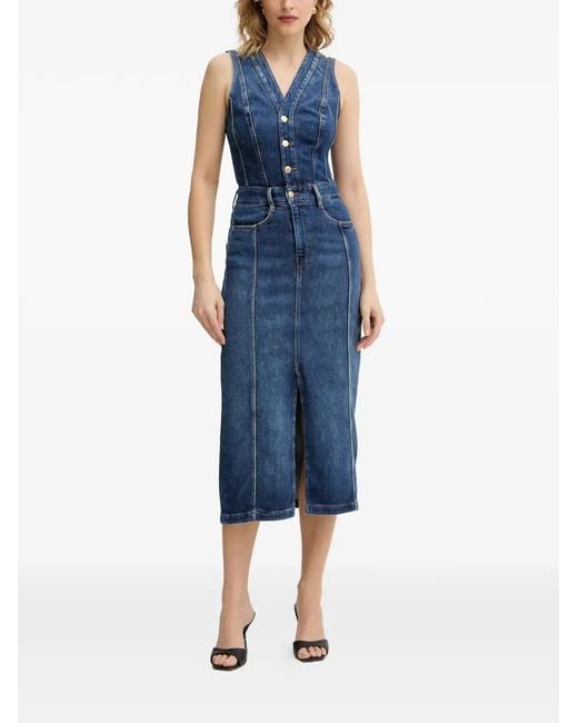 Guess Blue Button V-Neck Midi Dress