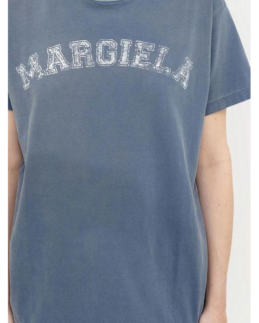 Maison Margiela Blue Logo Print Cotton Crewneck T-Shirt