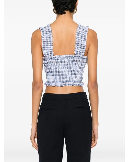 Maje Blue Check-Pattern Ruffled Top