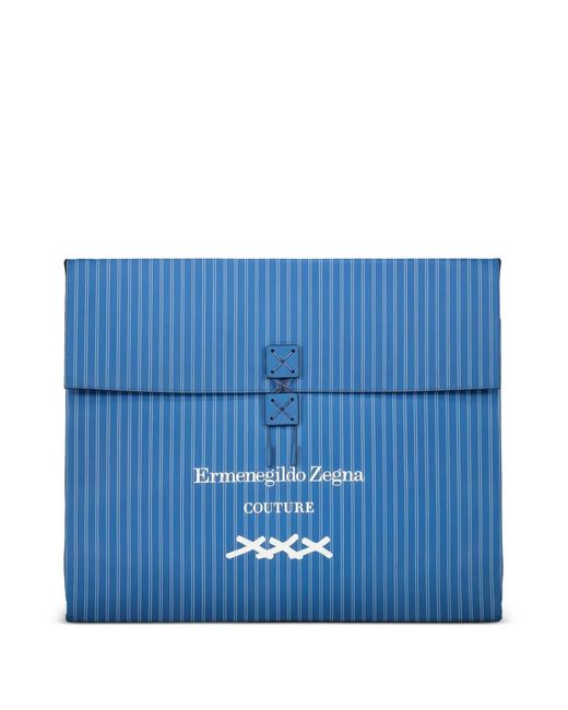 Zegna Blue Pinstripe Logo-Print Tote Bag for men
