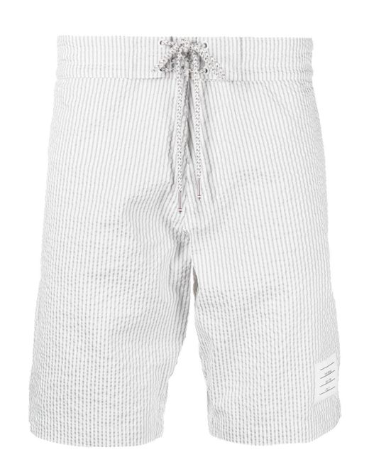 Thom Browne White Seersucker Stripe-print Swim Shorts for men