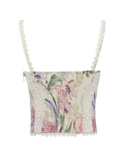 Charo Ruiz White Floral-Print Lace-Trim Top