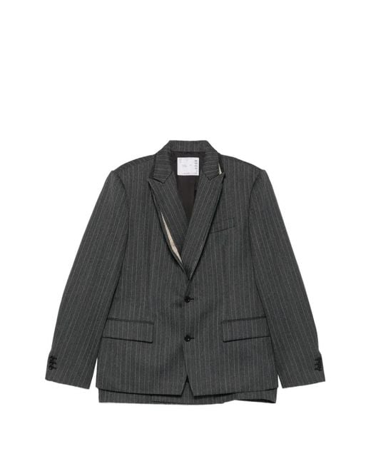 Sacai Black Pinstripe-Pattern Buttoned Blazer for men
