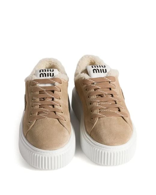 Miu Miu Natural Logo-Embroidered Suede Sneakers