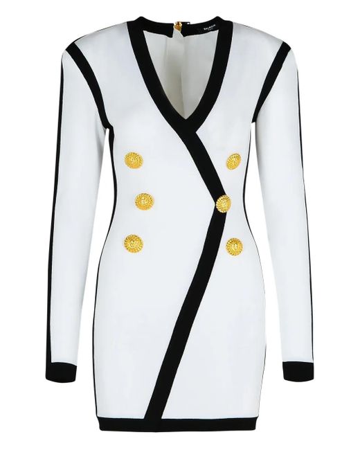 Balmain White V-Ausschnitt-Minikleid mit Kontrastdetails