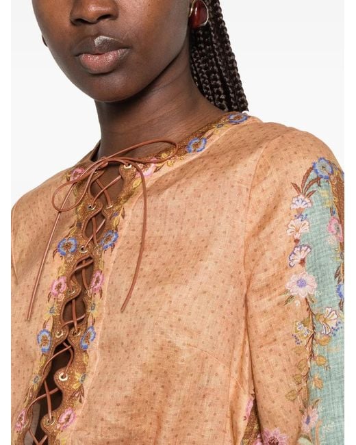 Zimmermann White Indra Lace-Up Floral-Print Midi Dress