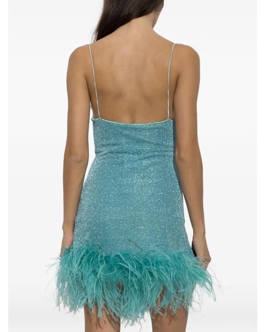 Oseree Blue Plumage Feather-Trim Lurex Mini Dress