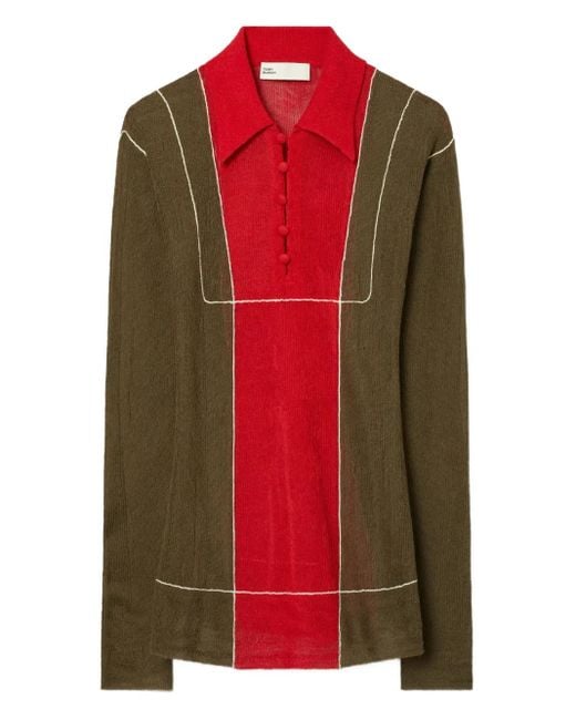 Tory Burch Red Colour-Block Wool Polo Shirt