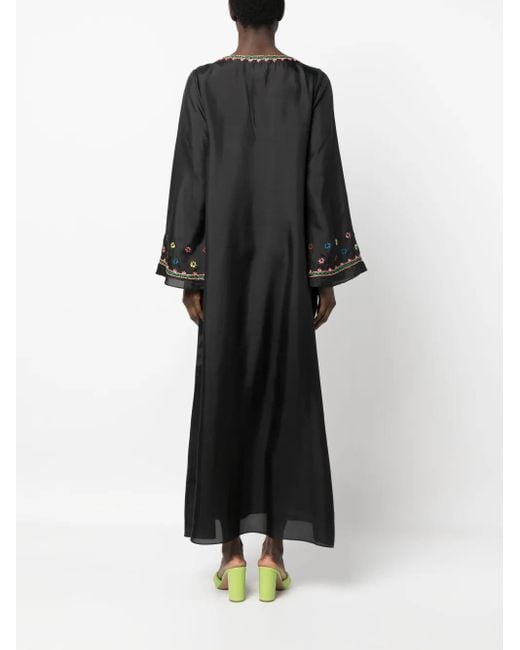 Muzungu Sisters Black Embroidered Split-Neck Silk Dress