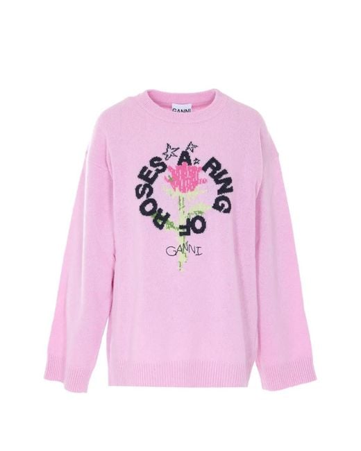 Ganni Pink Ring Of Roses Crew-Neck Sweater