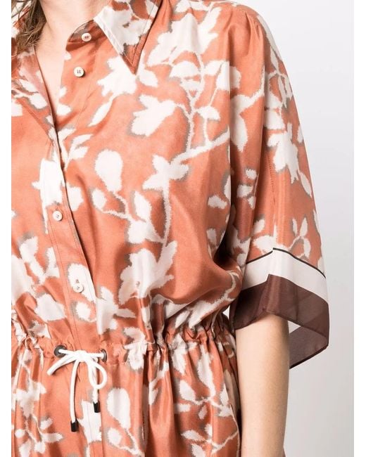 Brunello Cucinelli Brown Floral-Print Shirt Dress