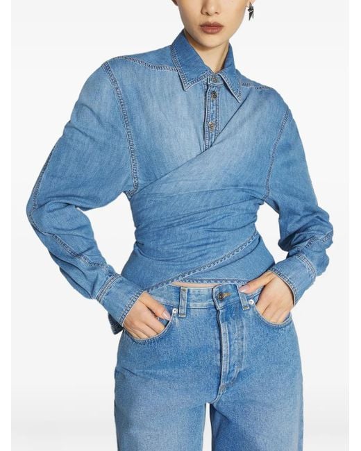 Mugler Blue Wrap-Effect Denim Shirt