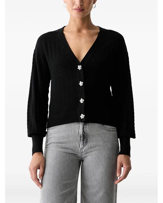 Guess Black Flower-Button Pointelle-Knit Cardigan