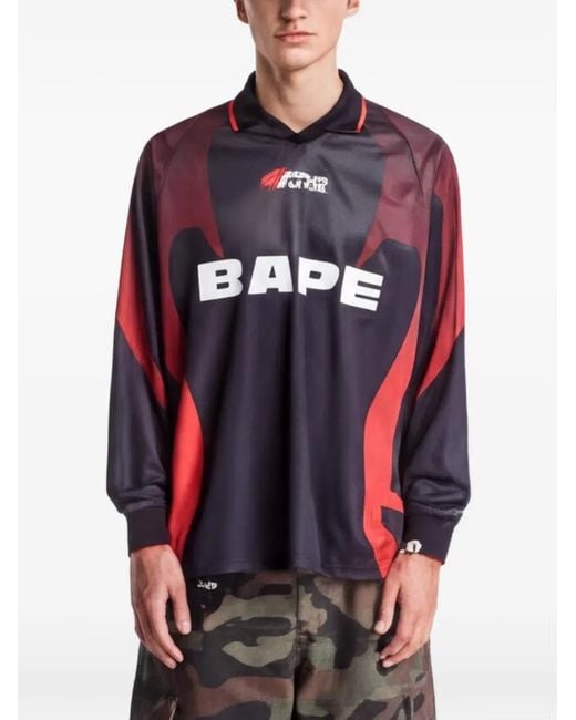 A Bathing Ape Red Ape Flame Monogram-Jacquard Football Jersey