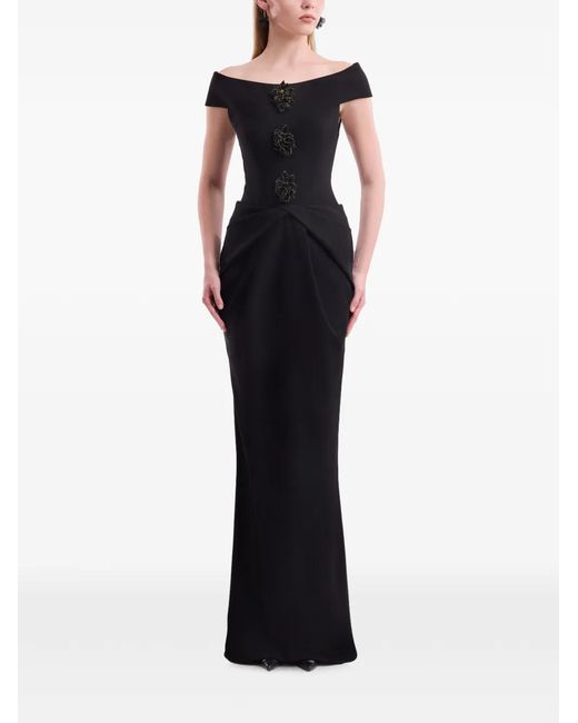 Gemy Maalouf Black Floral-Embellished Off-Shoulder Dress