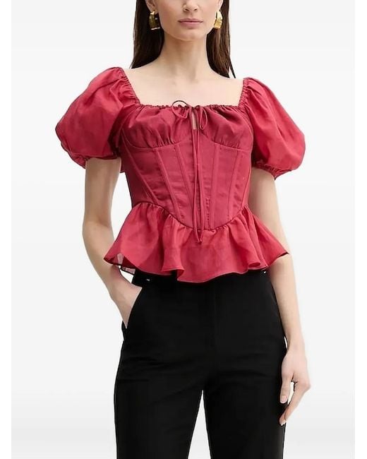 Bardot Red Puff-Sleeve Corset Top