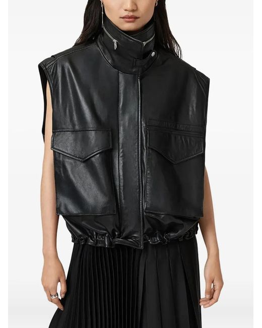 AllSaints Black Clay Funnel-Neck Leather Gilet