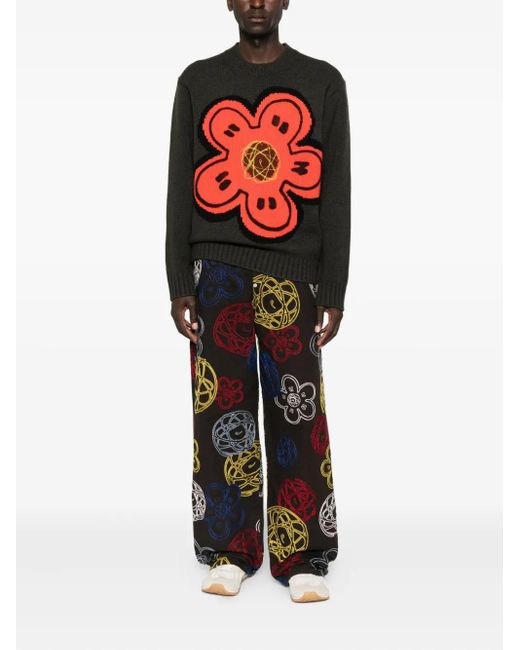 KENZO Red Flower-Embellishment Crew-Neck Sweater for men