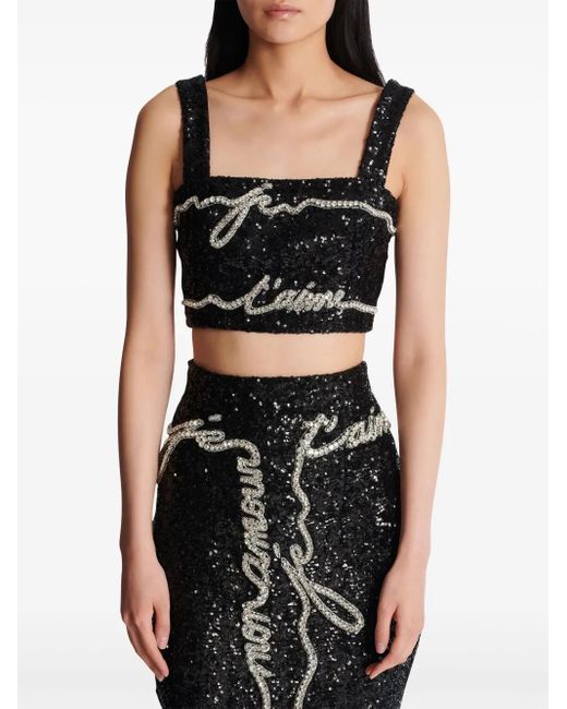 Haut Crop À Sequins Balmain en coloris Black