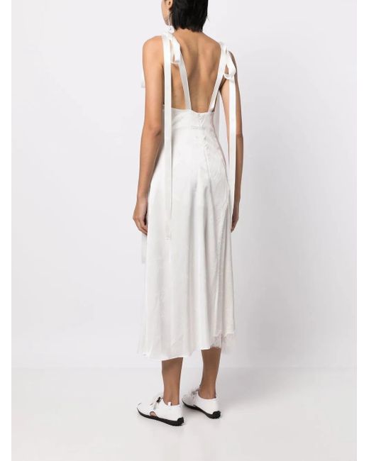 Goen.J White V-Neck Lace-Trim Midi Dress