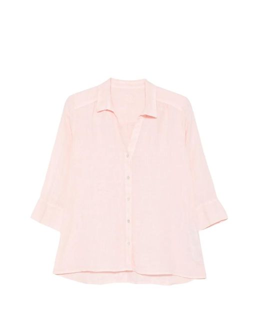 120% Lino Pink V-Neck Buttoned Shirt
