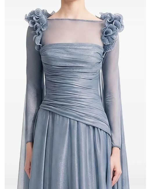 Gemy Maalouf Blue Floral-Embellished Ruched Dress
