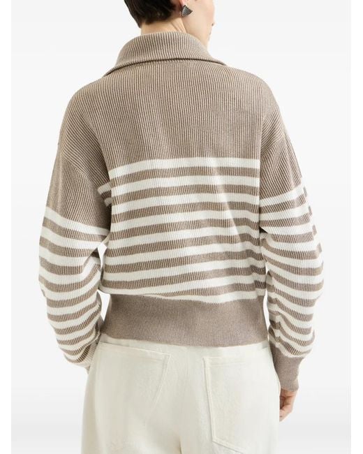 Brunello Cucinelli White Sparkling Cotton Striped English Rib Cardigan With Zipper And Monili
