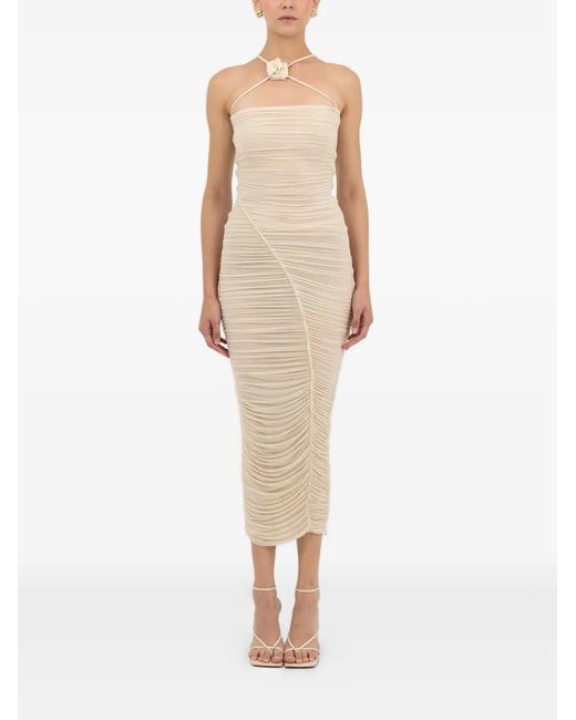 Maygel Coronel Natural Muralla Flower-Detail Ruched Dress